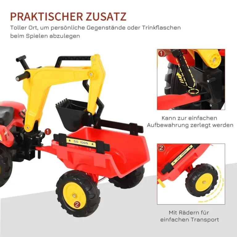 Pedaltraktor med Släp och Frontlastare Trampbil Grävmaskin