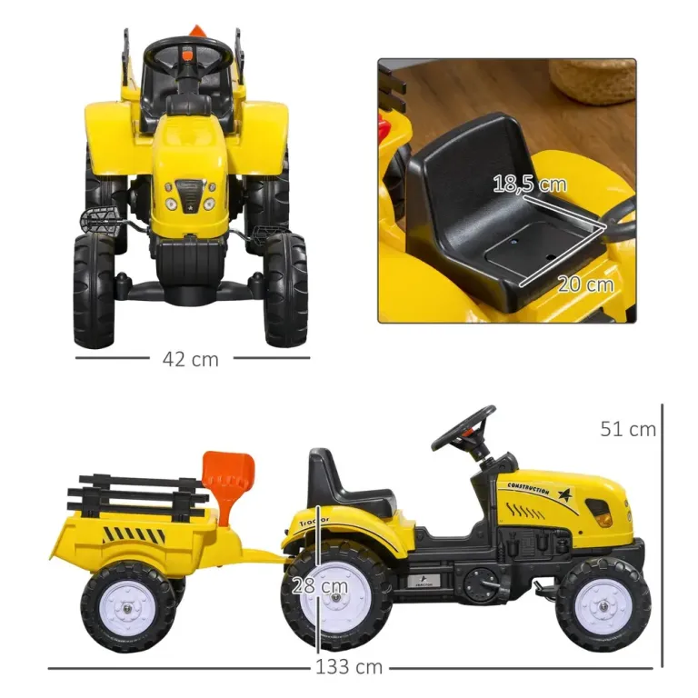 Pedaltraktor med Släp Verktyg och Horn Cm Trampbil Metallram