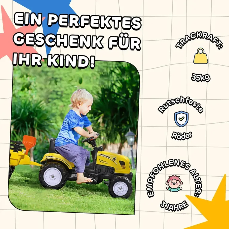 Pedaltraktor med Släp Verktyg och Horn Cm Trampbil Metallram