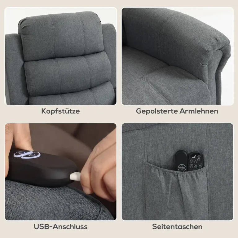 Massagestol med Uppresningshjälp Grå Linnetyg Ergonomisk Linneoptik