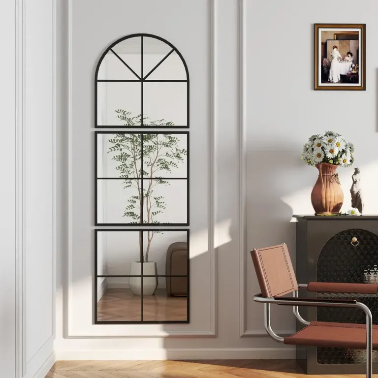 Tredelad Välvd Väggspegel med Metallram, Svart Golvfönsterdesign