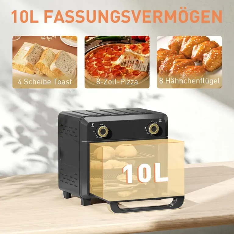 Miniugn Kompakt Svart Metall med Timer och Belysning Grill Varmluft