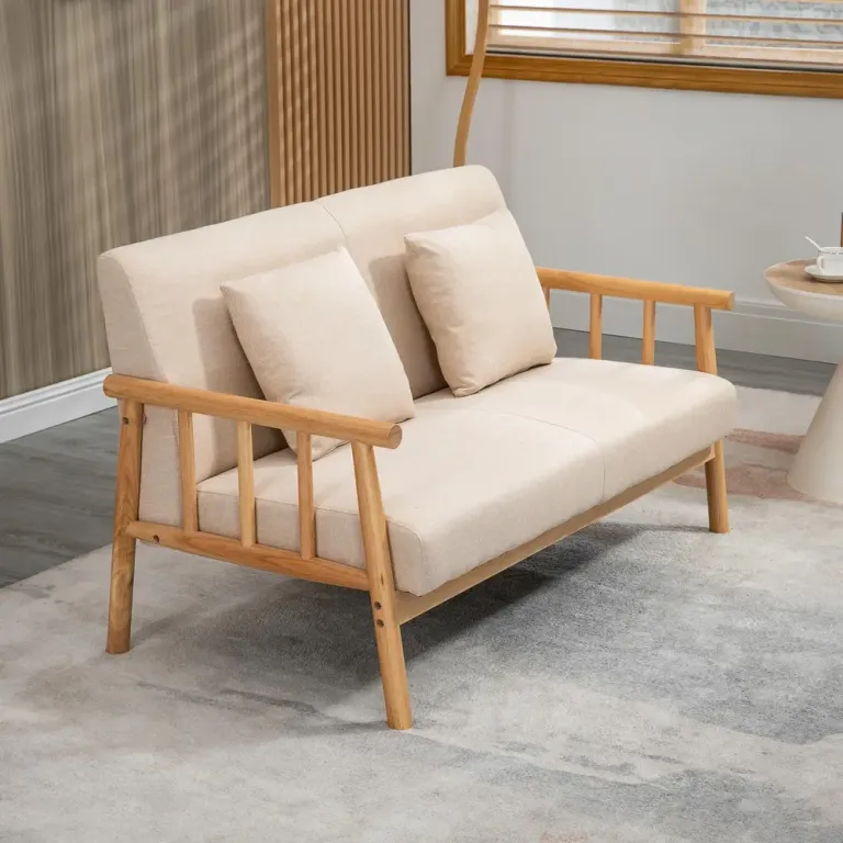Soffa Loveseat Beige av Tyg med Linnelook och Trä 2-Sits Kompakt
