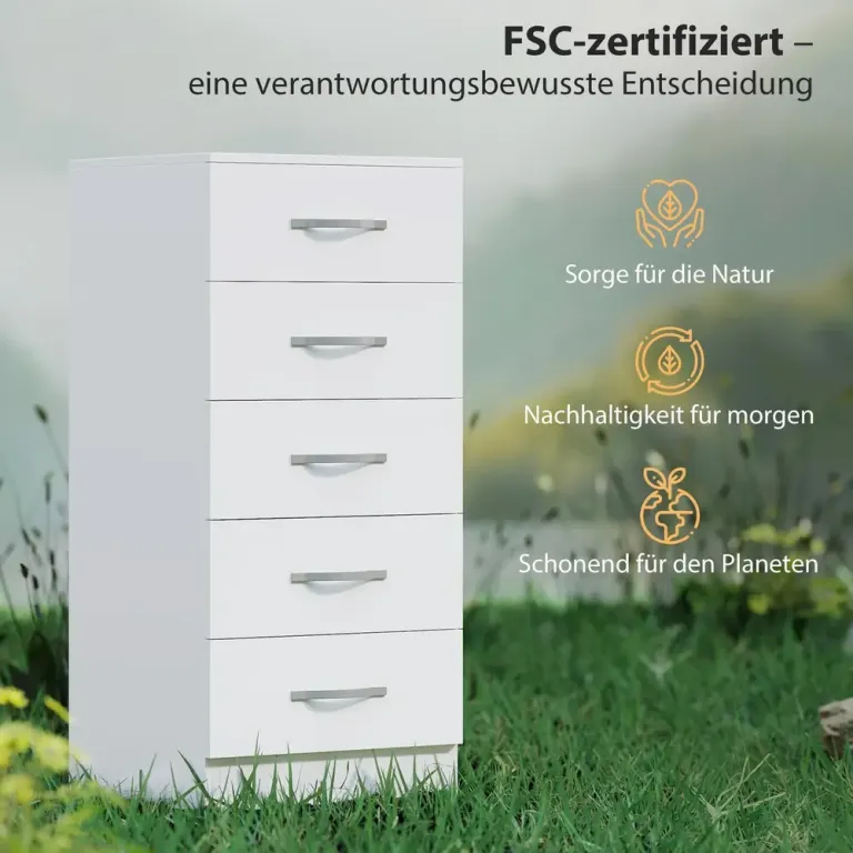 Byrå 5 Lådor Vit Spånskiva Förvaringsskåp för Kläder Smal Design