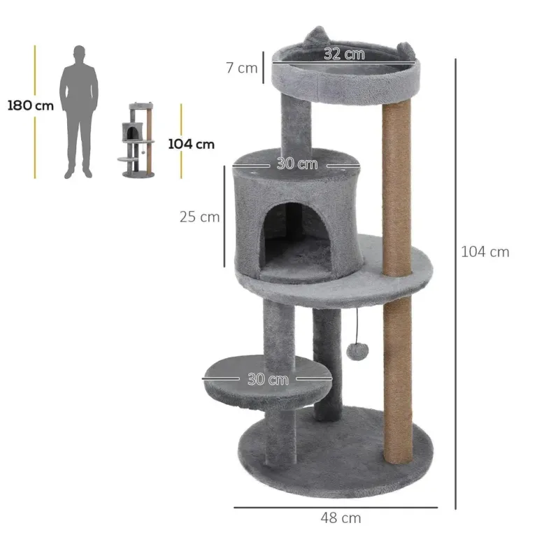 Klösträd 104 cm med Kattgrotta och Sisalpelare, Grå