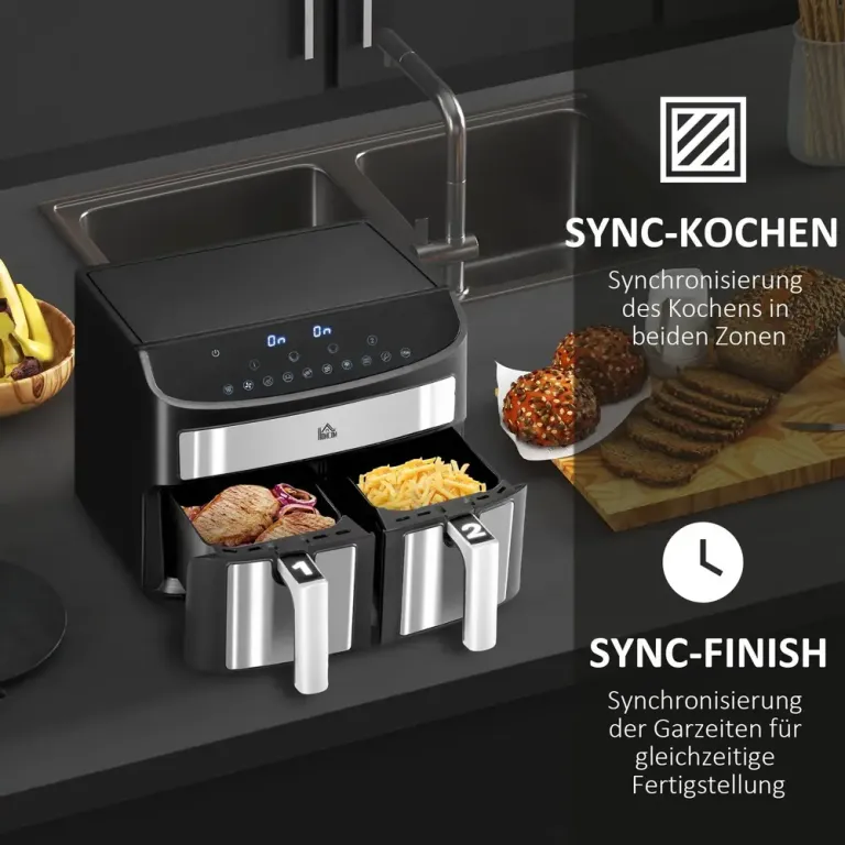 Multifunktionell Airfryer 8 l 2 Korgar 60 Min Timer, Svart