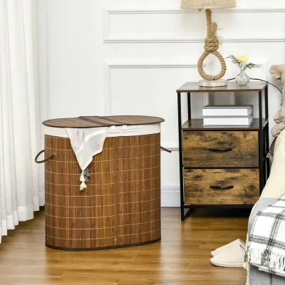 Tvättkorg i Bambu med Lock och Tvättsäck 100 l, Natur