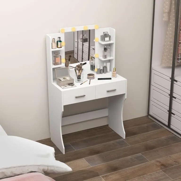Sminkbord med Spegel Dimbara LED-Lampor Lådor och Hyllor