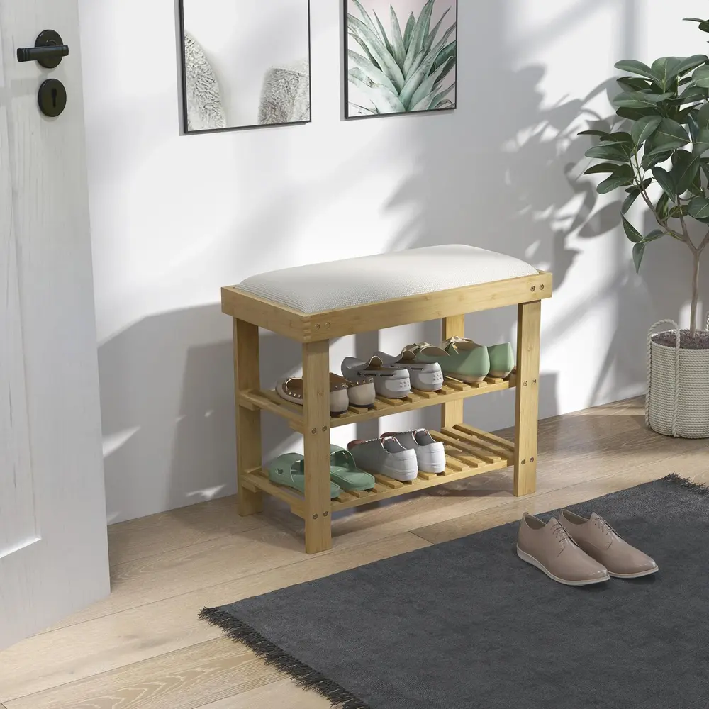 Skobänk med Sits i Bambu Förvaringsbänk 2 60x29x49 Cm