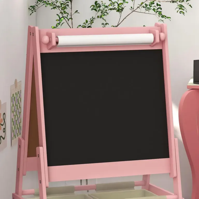 3-i-1 Barnstafli med Pappersrulle Svarta Dubbelsidig Whiteboard Rosa