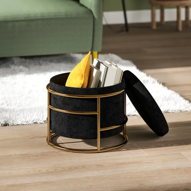 Stoppad Fotpall Storage Ottoman med Metallram Rund Sammet Förvaring