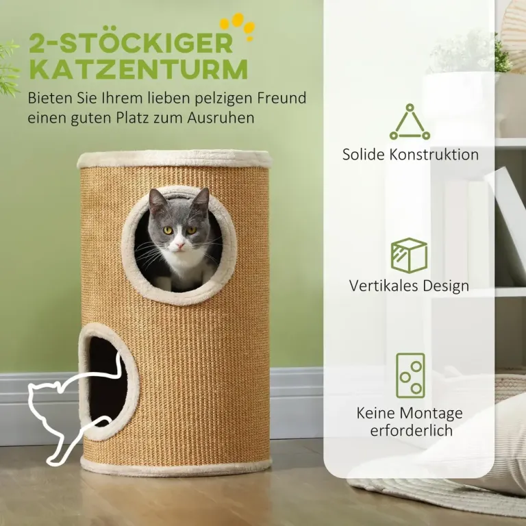 Klösträd Takhög Vit av Sisal och Plysch för Kattgrotta Dubbla Nivåer