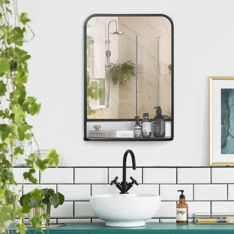 Rektangulär Väggspegel med Hylla Spegel, Svart Metallram