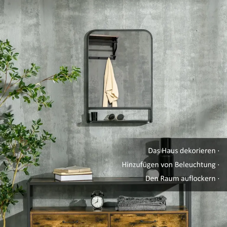 Rektangulär Väggspegel med Hylla Spegel, Svart Metallram