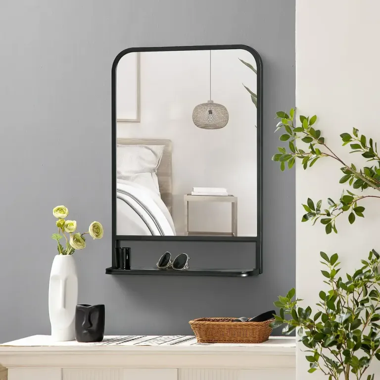 Rektangulär Väggspegel med Hylla Spegel, Svart Metallram
