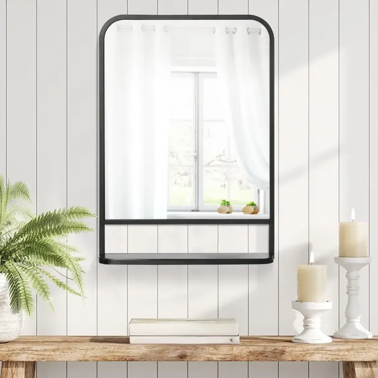 Rektangulär Väggspegel med Hylla Spegel, Svart Metallram
