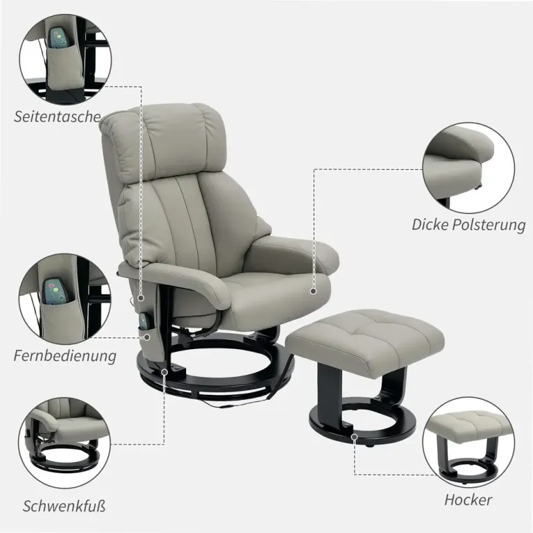 Relaxfåtölj Massagestol med Fotpall Grå av Konstläder Roterbar