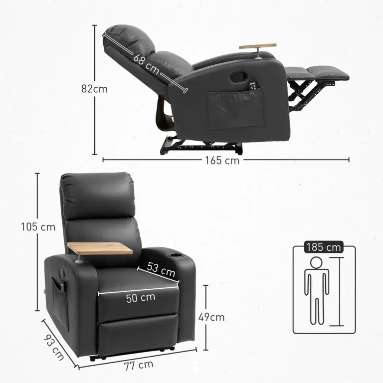 Relaxfåtölj Massagestol med Liggfunktion Svart Massagefåtölj Bord