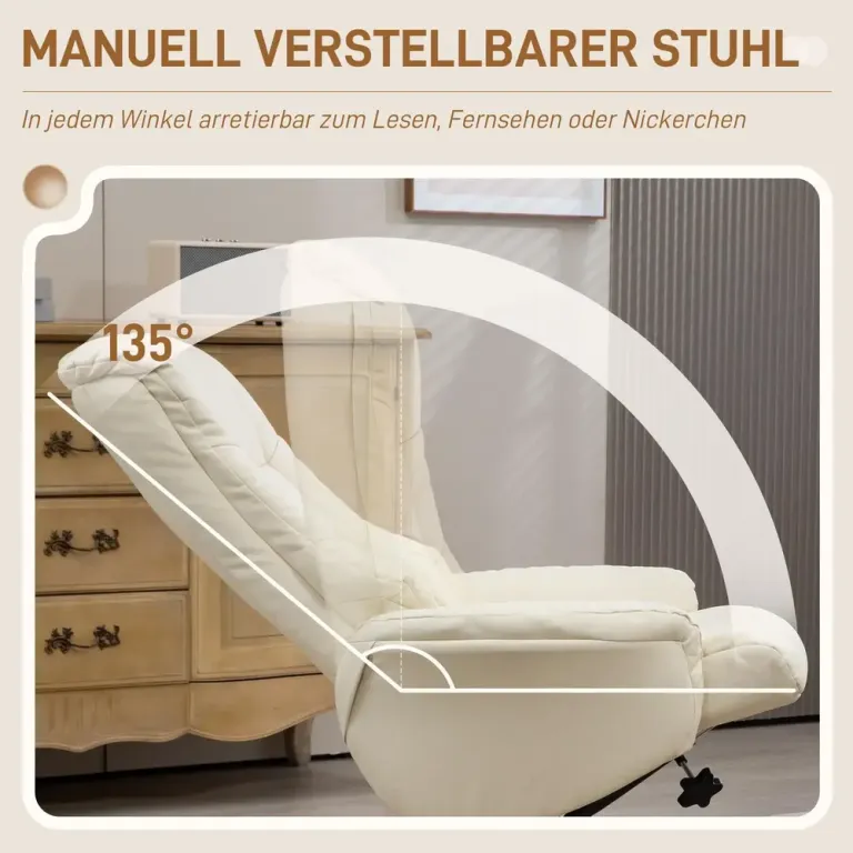 Relaxfåtölj med Fotpall och Liggfunktion Krämvit Konstläder Träfot