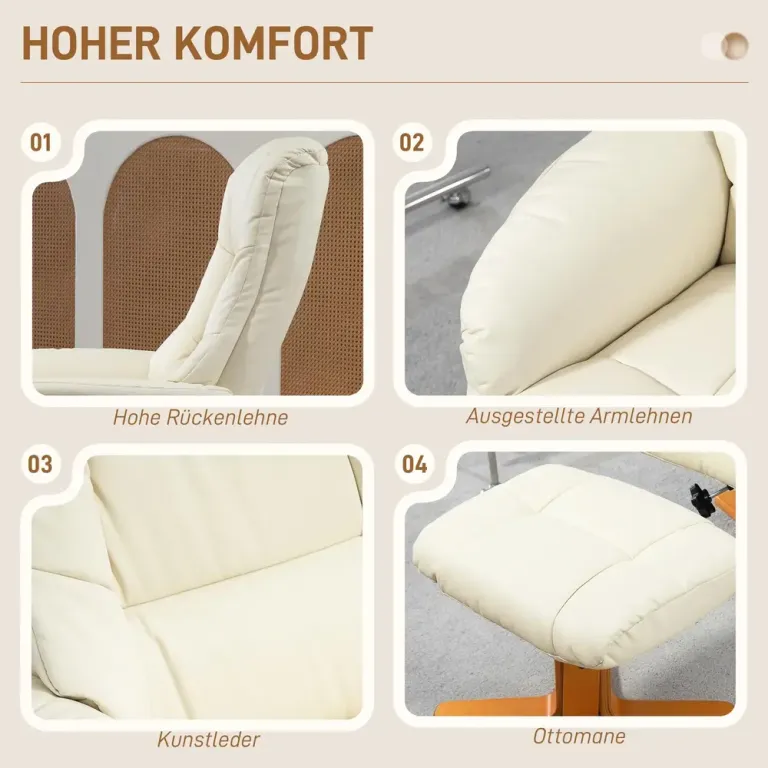 Relaxfåtölj med Fotpall och Liggfunktion Krämvit Konstläder Träfot