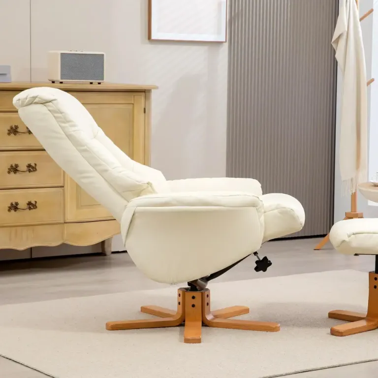 Relaxfåtölj med Fotpall och Liggfunktion Krämvit Konstläder Träfot