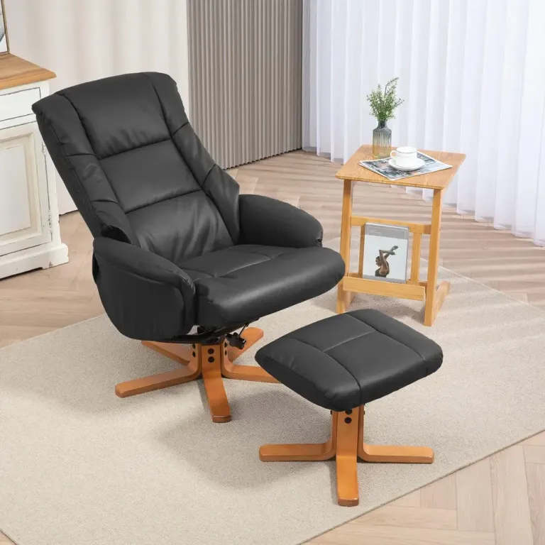Relaxfåtölj med Fotpall och Liggfunktion Svart Konstläder
