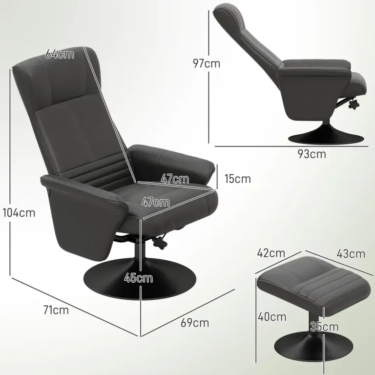 Relaxfåtölj Svart av Mikrofiber och Metall Roterande Fotpall