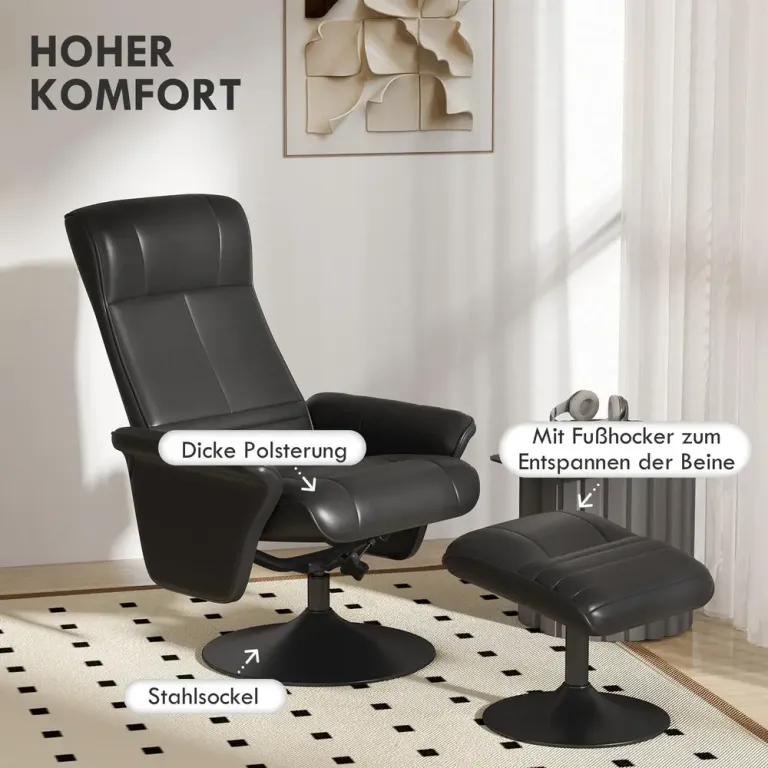 Relaxfåtölj Svart av Mikrofiber och Metall Roterande Fotpall
