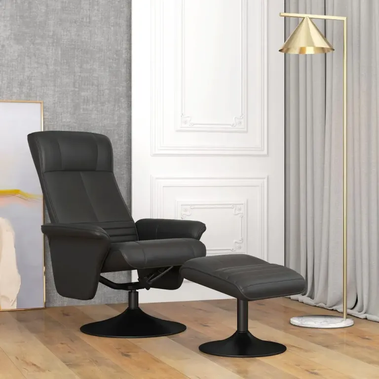 Relaxfåtölj Svart av Mikrofiber och Metall Roterande Fotpall
