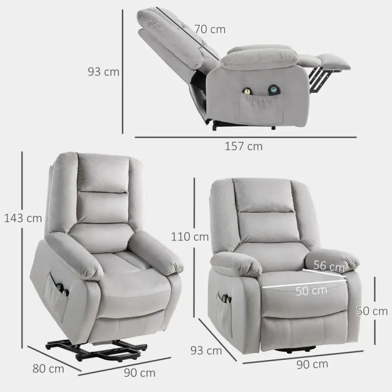 Riser Chair med Massagefunktion Ljusgrå Ståhjälp Relax Fåtölj Läder