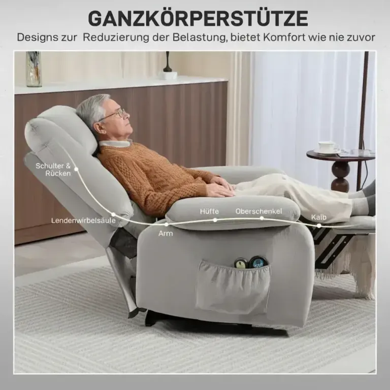 Riser Chair med Massagefunktion Ljusgrå Ståhjälp Relax Fåtölj Läder
