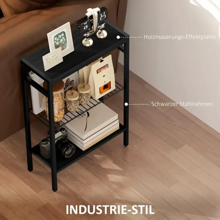 Sidobord 3-Våningsdesign Hyllor i Trälook Stålstomme Industriell