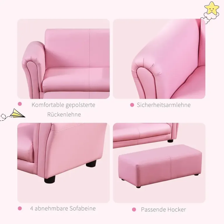 Barnfåtölj med Fotpall och Minisoffa 83 x 42 cm, Rosa