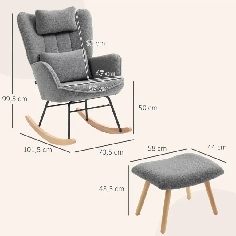 Gungstol med Fotpall Mjukt Fleeceöverdrag Träben Kudde Ergonomisk
