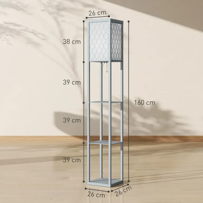 Golvlampa med Hylla Ljusgrå MDF Kompakt 3 Fack, Vit Skulptural