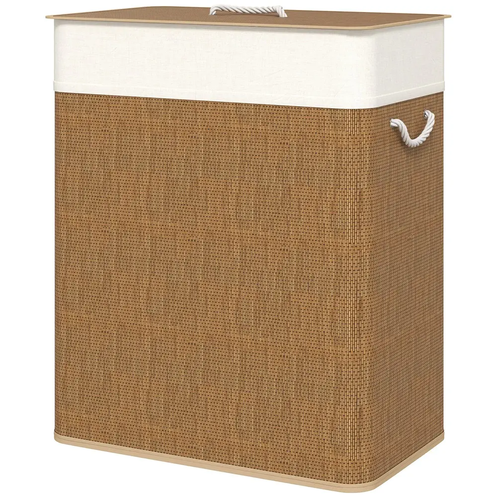 Bambu Tvättkorg med Lock 2 Fack 100 L med Rephandtag