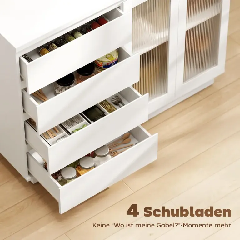 Bufféskåp Skänk med 4 Lådor 2 Glasdörrar Modern Design Räfflade Fyra