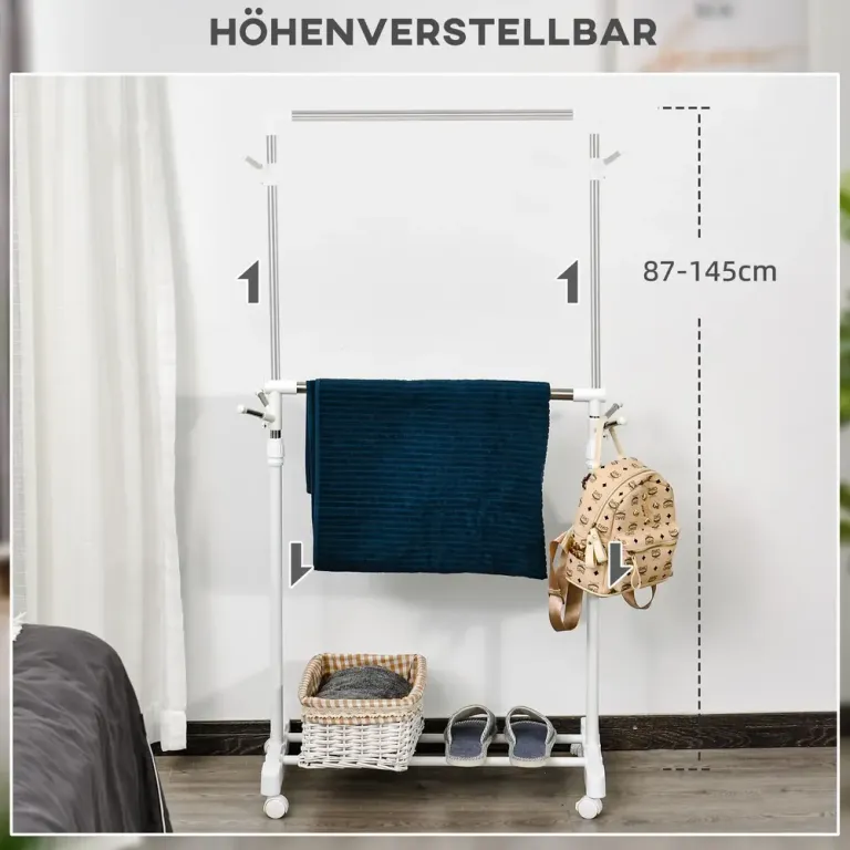 Rullande Klädställning med Skohylla och 4 Hjul, Svart Höjdjusterbar