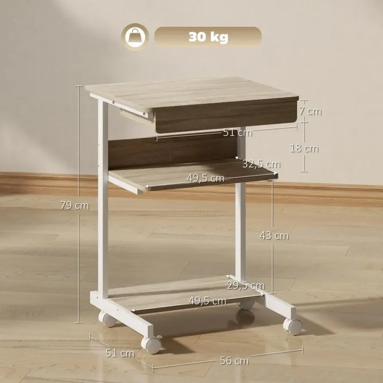 Rullande Skrivbord med Låda Hyllor 4 Hjul Kompakt
