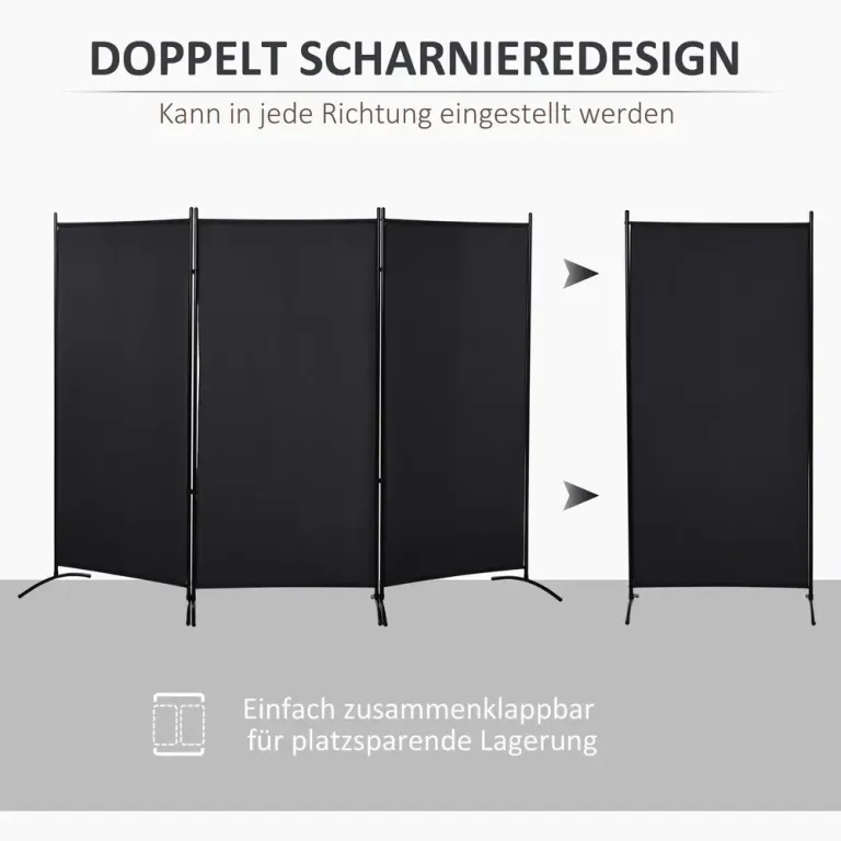 Rumsavdelare 3-Panelers Sekretessskärm Metallram Svart Skärmvägg