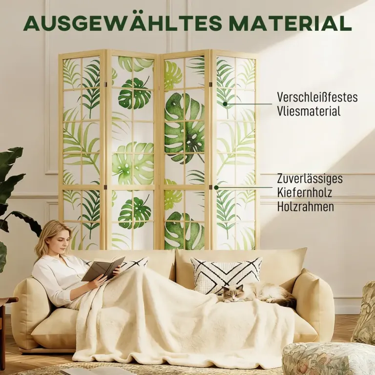 Rumsavdelare 4 Paneler Grön Trä och Tyg Skärmvägg, Natur Vikbar Boho