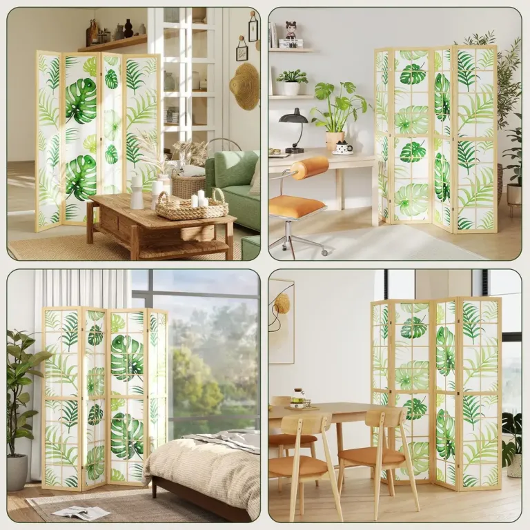 Rumsavdelare 4 Paneler Grön Trä och Tyg Skärmvägg, Natur Vikbar Boho
