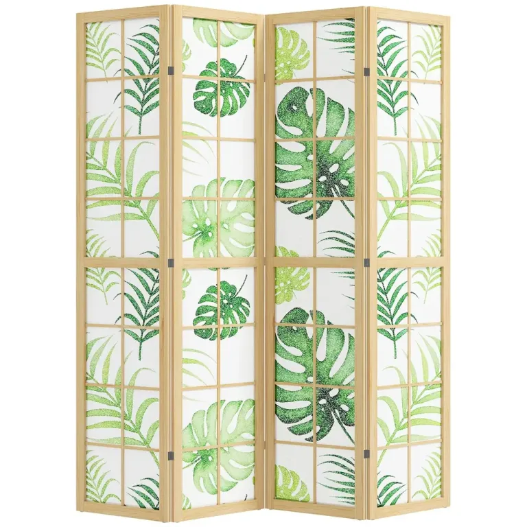 Rumsavdelare 4 Paneler Grön Trä och Tyg Skärmvägg, Natur Vikbar Boho