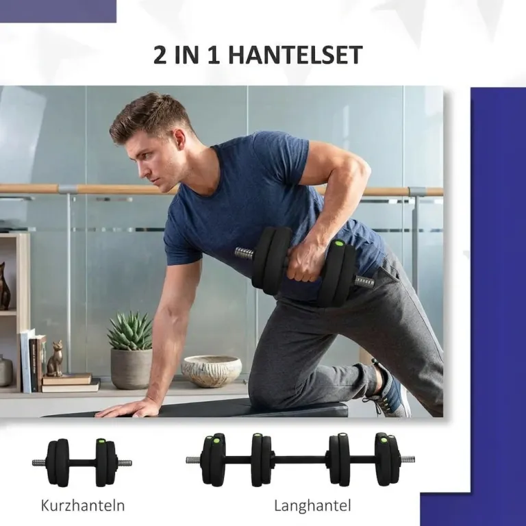 2-i-1 Hantelset Skivstång och Hantel 15 kg Golvvänlig
