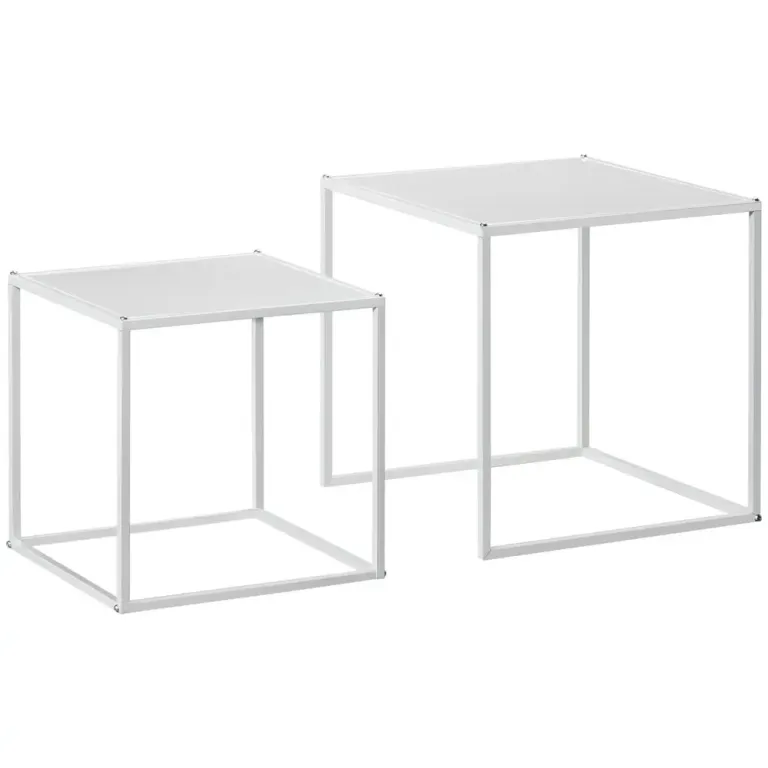 Soffbord Vit av Stål och Trä Set om 2 Fyrkantiga Modern Design