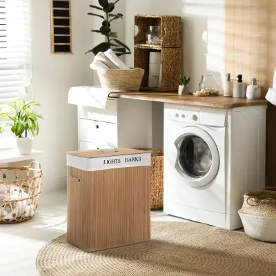 Tvättkorg Naturlig Bambu med Lock 2 Fack 52 x 32 x 63 cm