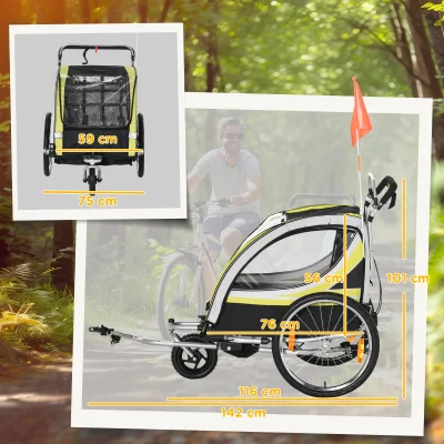 Barncykelvagn 2-i-1 Cykelvagn Gul Svart 142 x 75 x 101 Cm