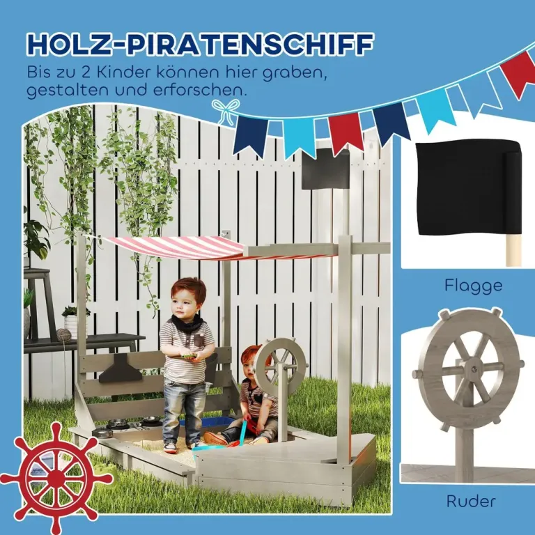 Sandlåda som Piratskepp med Soltak och Lekkök, Grå Formad