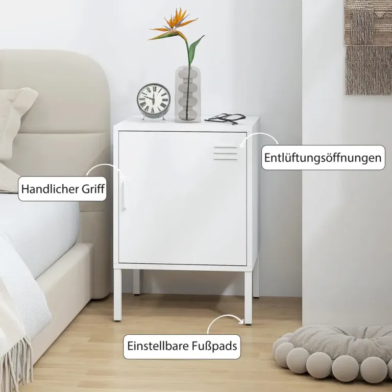 Sängbord i Metall med Hylla Vit Stål Nattduksbord med Höjd