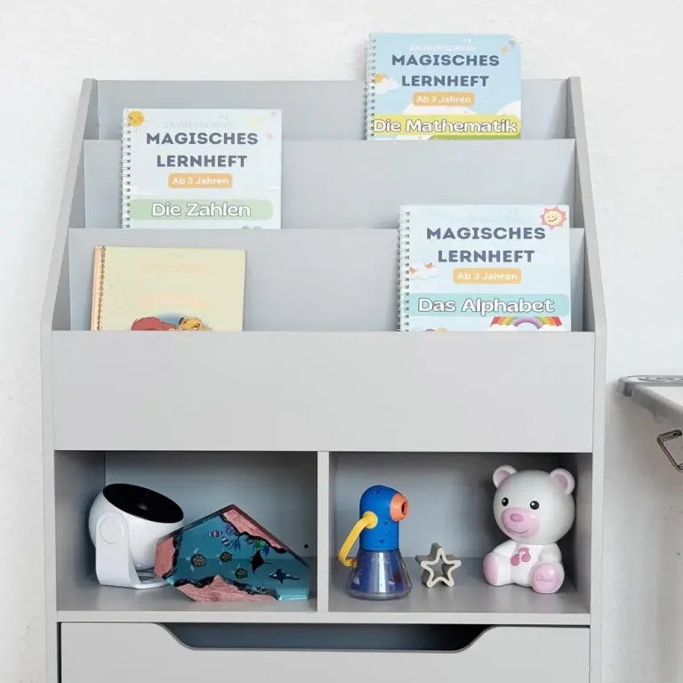 Barnhylla med Låda Bokhylla med Fack Grå Barnbokhylla Förvaring Hjul